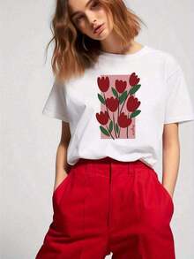 1 Piece, 2026, Women's Spring-Summer Short Sleeve T-Shirt With Red Tulip Print, Simple And Cute, Round Neck - New Christmas T-Shirt For Women, Holiday Clothes, Summer Shirts, White Shirt, Printed T-Shirts, Summer Tops, Top, Tops. - 白色 - 查看 5