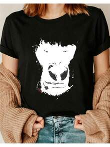 Women's Printed T-Shirt, Casual Short Sleeve Round Neck, Breathable And Moisture-Wicking Summer T-Shirt, Modern Horror Print, Loose Fit Couple T-Shirt, Sweatproof, I01, Short Sleeve Round Neck Top, Suitable For All Seasons, Casual And Versatile Blouses For Women. - 黑色 - 查看 1