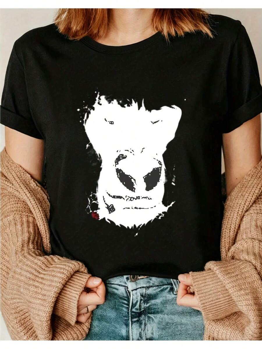Women's Printed T-Shirt, Casual Short Sleeve Round Neck, Breathable And Moisture-Wicking Summer T-Shirt, Modern Horror Print, Loose Fit Couple T-Shirt, Sweatproof, I01, Short Sleeve Round Neck Top, Suitable For All Seasons, Casual And Versatile Blouses For Women. - 黑色 - 查看 1