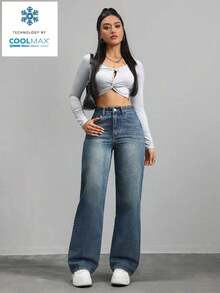 Jeans de mezclilla de unicolor minimalista para uso diario de mujer - Azul - Ver 3
