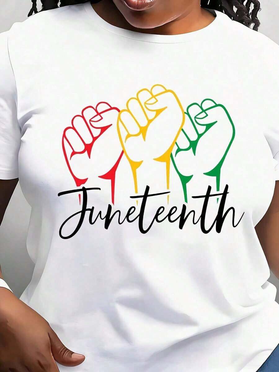 Women's Juneteenth Cuff Design T-Shirt, Casual Round Neck, Short Sleeve, Comfortable For Everyday Wear, Perfect For Celebrating Freedom And Heritage, Ideal For Everyday Outfits And Special Occasions. - 白色 - 查看 1