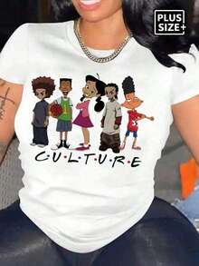 Women's Plus Size T-Shirts With Digital Cartoon Character Print, White, For Summer - 白色 - 查看 1