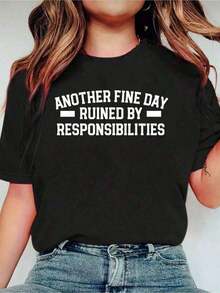 Funny Casual T-Shirt For Adults, Casual Printed Crew Neck T-Shirt, Short Sleeve Sports T-Shirt, Women's Clothing, Smart Casual/Urban Style - 黑色 - 查看 7