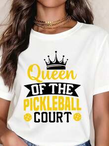 Women's "Queen Of The Basketball Court" T-Shirt With Crown And Dots, Casual, Round Neck, Short Sleeve, Perfect As A Birthday Gift, Suitable For Wear In All Seasons, Ideal For Daily Outdoor Use. - 白色 - 查看 6