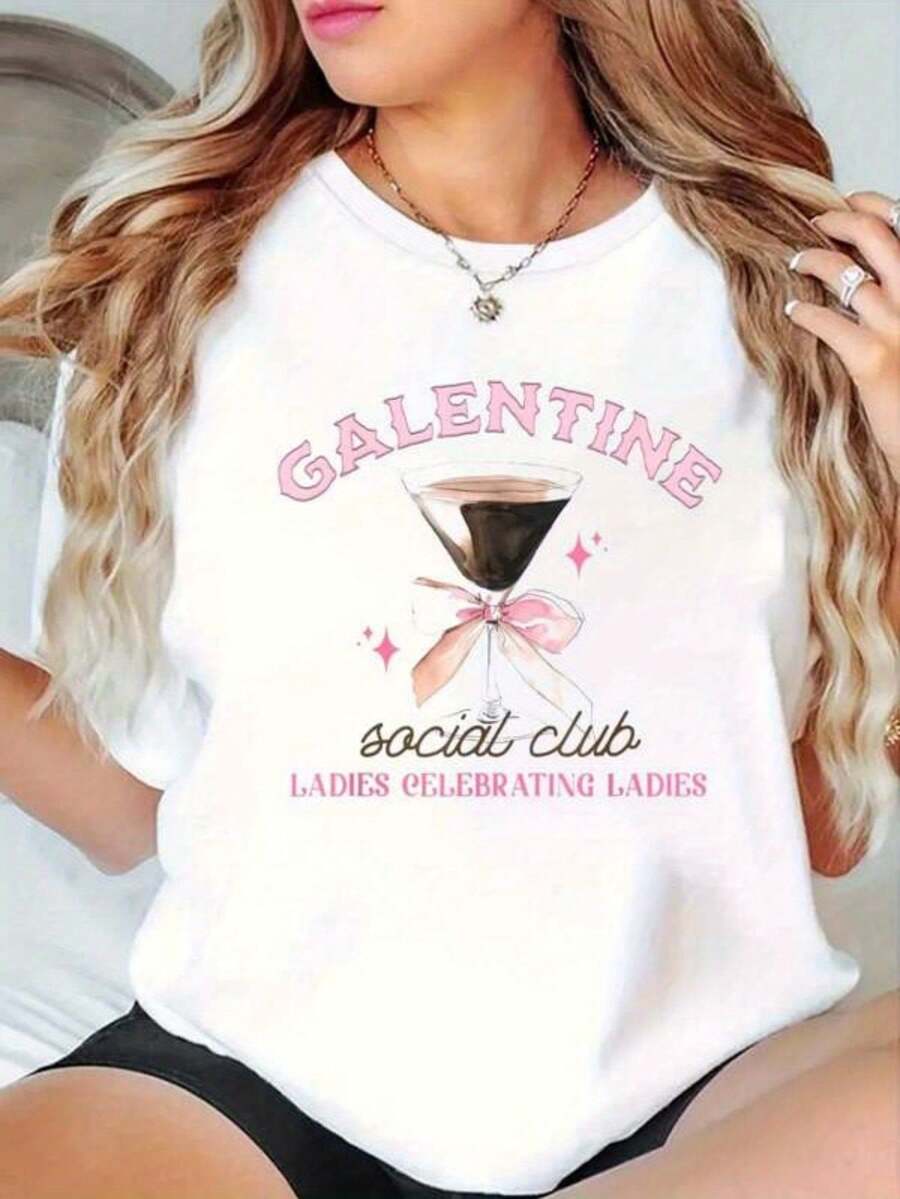 1 Women's Valentine's Day T-Shirt, Galentine Social Club Style, With Italian Martini Lovers Print - 100% Soft, Breathable, Short Sleeve, Round Neck, Casual Style, Martini Cocktail Print, Unisex Fit, Machine Washable, Lightweight, Summer T-Shirt For Women, 180g 100% Cotton. - 白色 - 查看 1