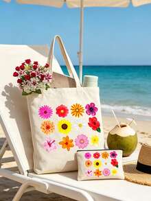 Conjunto de Bolsa de Lona Floral Tropical Colorida e Nécessaire com Zíper, Bolsa Estampada Vibrante com Hibiscos, Girassóis e Margaridas com Nécessaire Correspondente, Bolsa de Ombro Feminina, Sacola de Compras Reutilizável Leve para Praia, Viagem, Trabalho e Escola, Cabe Livros, Laptops e Itens Essenciais Diários, Nécessaire Adequado para Cosméticos - Multicolorido - Visão 2