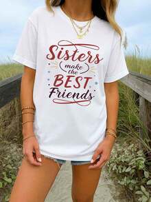 Cotton. The Best Friendship T-Shirt For Ladies And Sisters. | Short-Sleeved Crew Neck T-Shirt, Breathable, 180 G/M², With Best Friend Print And Heart Design - Casual Summer Beachwear, Best Friend Gift, Suitable For All Seasons, White T-Shirt. NJEH - 白色 - 查看 6
