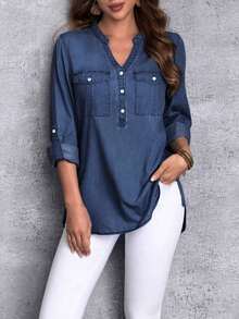 Camisa Vaquera De Manga Larga Con Cuello Con Muescas Para Mujer - Azul 2 - Ver 4
