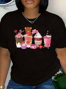 Women's Casual T-Shirt With Bear Cupcake And XOXO Heart Print, Round Neck, Summer Casual Top, Gift For Her, 220g, Long Sleeve - 黑色 - 查看 1