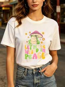 Fashionable Casual T-Shirt For Everyday Wear "Let Me Be Weird In Peace" 180G For Women - Fun Frog And Mushroom Design, Suitable For Family Gifts, Office Wear And Team-Building Activities, Perfect For Summer Festivals And Casual Wear. - 白色 - 查看 1