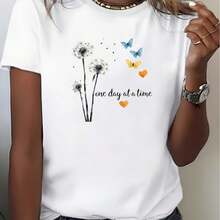 Camiseta "Un Día a la Vez" de 180G con Estampado de Diente de León, Mariposa y Corazón, Suave, Casual, para Uso Diario, para Mujeres, Regalos para Ella, Reuniones Familiares y de Oficina - Blanco - Ver 6