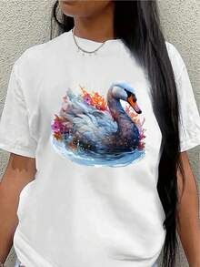 Camiseta de manga corta ligera y duradera con patrón de cisne y flores, ideal para salidas informales, el hogar, actividades al aire libre o para comer, disponible en opciones de ajuste cómodo - Negro - Ver 6
