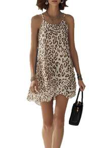 Vestido corto de tirantes con estampado de leopardo, corte holgado estilo vacacional, nueva colección primavera 2026 europeo americano - estampado de leopardo - Ver 5