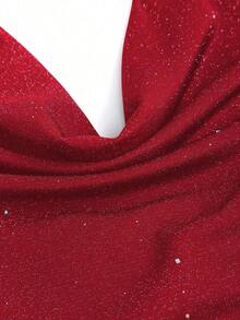corto de camisola de punto metálico con lentejuelas para mujer, top sexy de espalda descubierta y ajustado al Body - Rojo - Ver 3