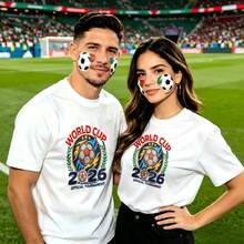 Couple football pattern T-shirt, 100% cotton, loose fitting, soft and breathable, casual round neck short sleeved top World Cup 2026 Official leisure travel, gatherings,  cost-effectiveness - Blanco - Ver 1