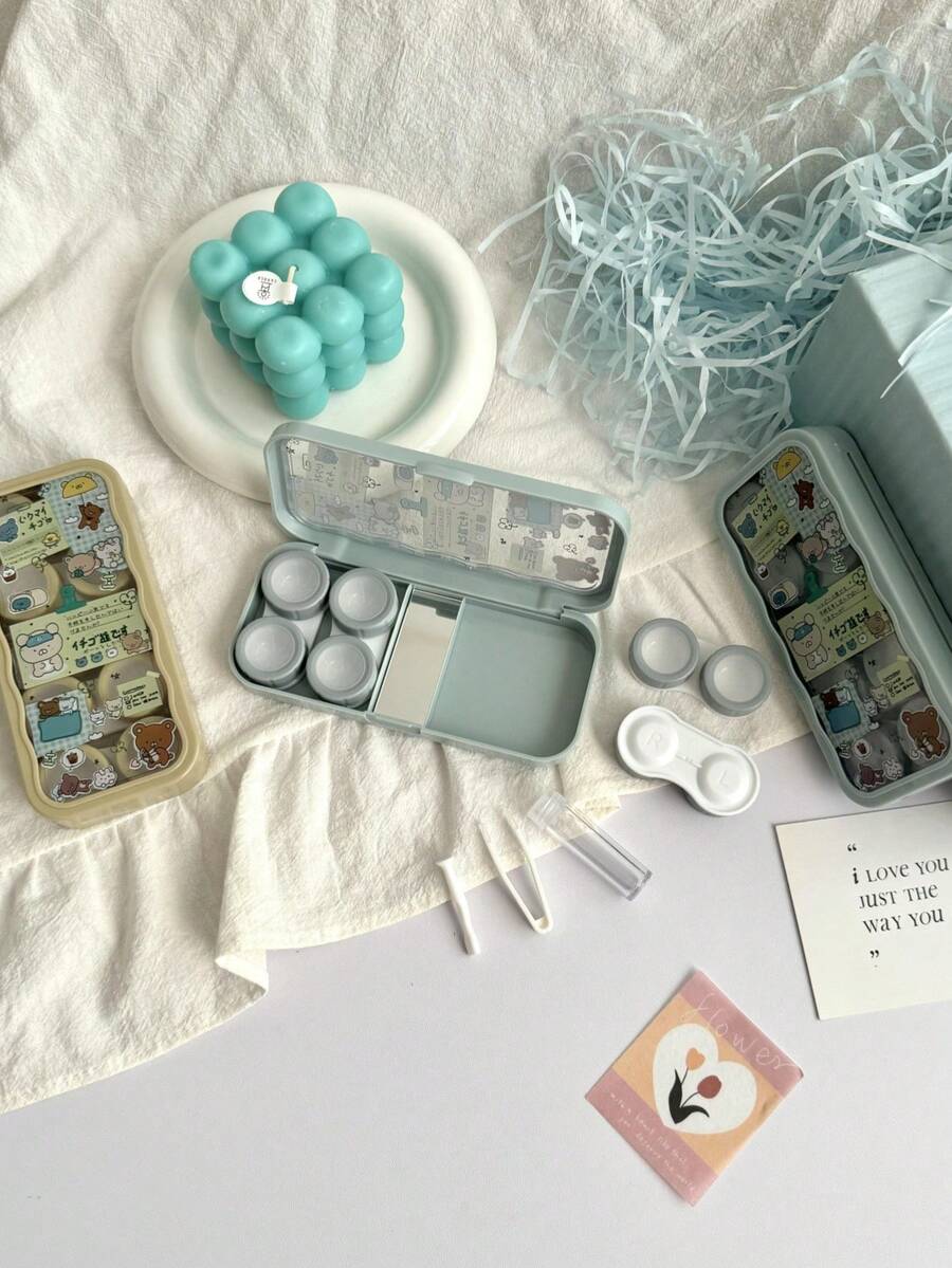 eyekan Estuche de lentes de contacto verde salvia estético con espejo incorporado, caja de almacenamiento de contactos de rejilla múltiple kawaii para viajes, organizador de lentes de contacto a prueba de agua y polvo