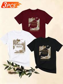 Women's T-Shirts, Women's T-Shirts, Short-Sleeved T-Shirt With Round Neck And Vintage Text Decoration, Casual And Comfortable Top For Everyday Wear. - 1件黑色隨機圖案 - 查看 6
