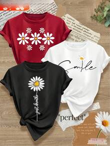Women's T-Shirts, 1-Piece Matching Sister Clothing Set, Simple Sheer Floral And Vegetable Print, Retro Style, Casual Short-Sleeved Round Neck Sports T-Shirt For Spring, Autumn And Summer. - 1件白色隨機圖案 - 查看 3