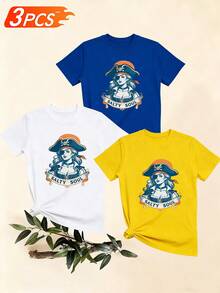 Women's T-Shirts, Women's T-Shirts, Casual Short-Sleeved One-Piece T-Shirt With A Fun Pirate Girl Print, Comfortable Top, Versatile Summer Fashion Sweater. - 1件白色隨機圖案 - 查看 6