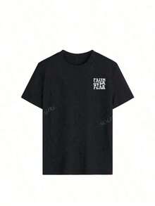 "Faith Over Fear" Double Print T-Shirt - Short-Sleeve Crew Neck Pure Cotton T-Shirt,  Holiday Style, A Daily Essential. Holiday Outfits, Simple Retro Street Style Top. Everyday Campus Wear For Men And Women - Comfortable Loose Fit Cotton Vintage Street Style T-Shirt - 黑色 - 查看 4