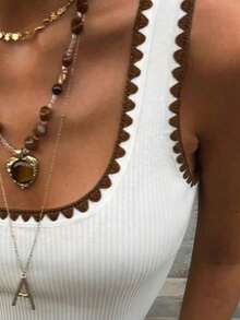 Mono de punto acanalado de unicolor minimalista para uso diario y casual de mujer, con cuello de pico ajustado y sin mangas - Blanco 2 - Ver 5