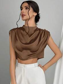 Blusa arrugada de cuello alto para mujeres - Café integral - Ver 3