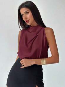 Blusa asimétrica plisada de color albaricoque, elegante y de moda para uso diario, oficina, vacaciones y festivales de música, primavera/verano - Burdeos - Ver 9