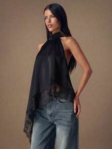 Top de camisola sin espalda con adorno de encaje elegante, blusa sin mangas de satén con parches sexy para fiestas, cócteles, ocasiones formales, Navidad, casual de negocios - Negro - Ver 6