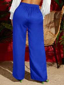 VCAY Pantalones verdes de verano para mujer de pierna ancha con cordón a la cintura - azul real - Ver 2