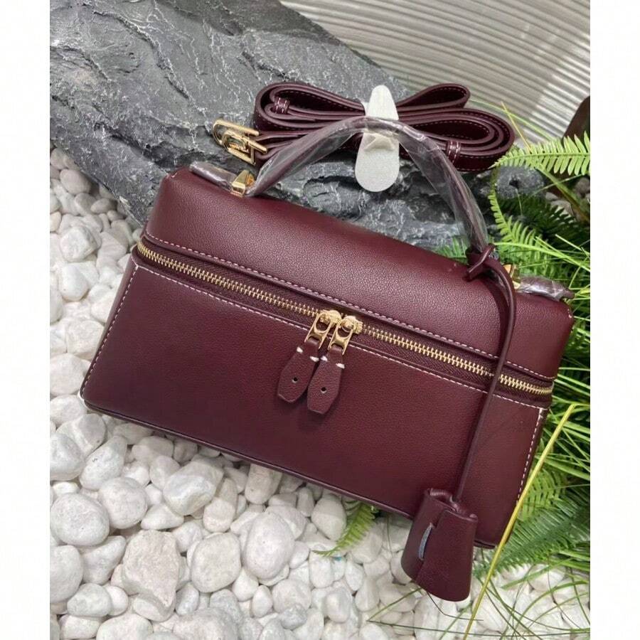 L23 Minimalist Solid Color Boxy Handbag For Women Elegant Smooth Faux Leather Top Handle Bag Luxury Design Structured Crossbody Purse With Adjustable Strap Versatile Daily Travel Satchel - 酒紅金扣(L23荔枝紋) - 查看 1