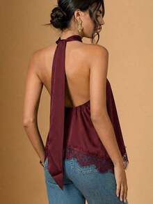 2026 Nuevo Llegado Blusa Asimétrica con Escote Halter y Encaje para Mujer, Top de Verano, San Valentín para Mujeres, Top para Salir, Top Negro, Estilo Old Money, Vacaciones, Primavera Mujer, Día de San Valentín - Burdeos - Ver 2