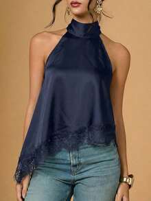 2026 Nuevo Llegado Blusa Asimétrica con Escote Halter y Encaje para Mujer, Top de Verano, San Valentín para Mujeres, Top para Salir, Top Negro, Estilo Old Money, Vacaciones, Primavera Mujer, Día de San Valentín - azul real - Ver 5