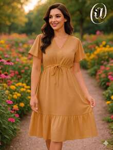Women's Short Dress With Ruffles, Casual, Duna Style, Short Sleeve, Midi Length, Party Style, Evangelical Fashion, Elastic Waistband. - Caramel Brown - View 7