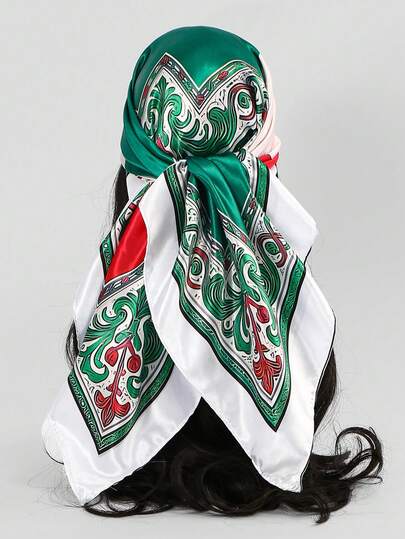 1pc Men's 90cm Square Scarf, World Cup Element Satin Print Handkerchief