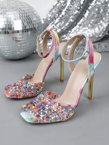 Square Toe High Heel Slip-On Sandals, Fashionable For Spring & Summer - Pink - View 14