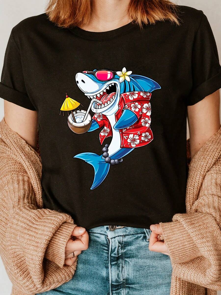 Crew Neck T-Shirt With Shark Print, Casual Short Sleeve T-Shirt For Spring And Summer, Women's Clothing - 黑色 - 查看 1