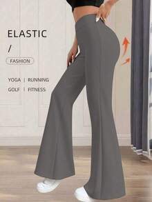 Pantalones acampanados de cintura alta de unicolor para mujer de talla pequeña, color negro, para primavera - Púrpura polvoriento - Ver 4
