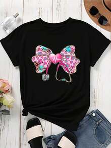 1 Piece Of Women's Round Neck T-Shirt With Colorful Bow, Stethoscope And Heart Print, Short Sleeve, Casual Everyday Wear, 180g, 100% Cotton. - 白色 - 查看 8