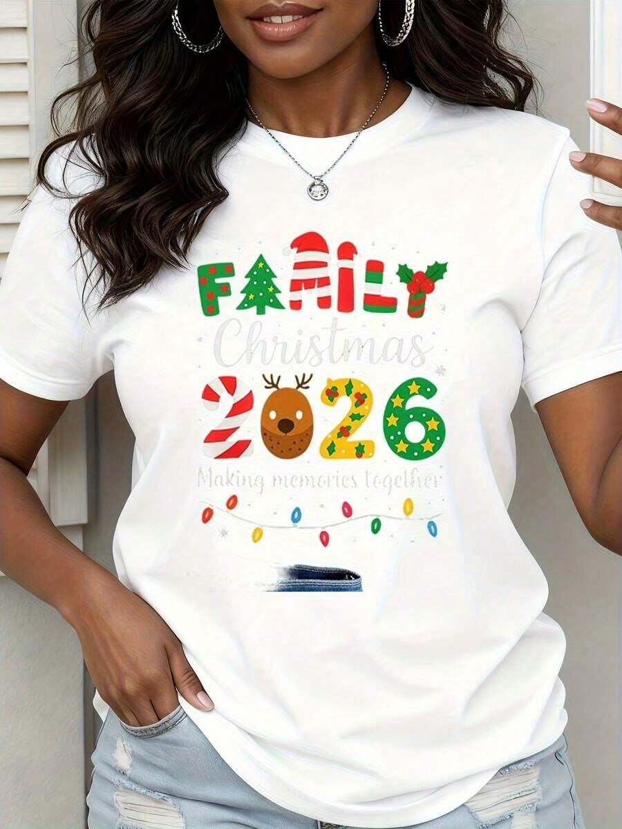1 Piece Family Christmas T-Shirt 2026 Creating Memories Together Christmas Tree, Reindeer And White Lights Design For Women 180g 100% Cotton - 白色 - 查看 1