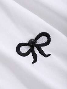 1 Piece Women's T-Shirt With Embroidered Bow, Loose Fit, Short Sleeve, Round Neck, Autumn Clothing, Preppy Style, 180g 100% Cotton - 白色 - 查看 10