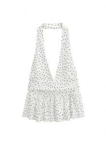HH mujeres Vintage sólido Halter chaleco dobladillo con volantes señora Sexy espalda descubierta sin mangas cuello en V Tops verano fino Casual vacaciones Chic Top - Blanco - Ver 4
