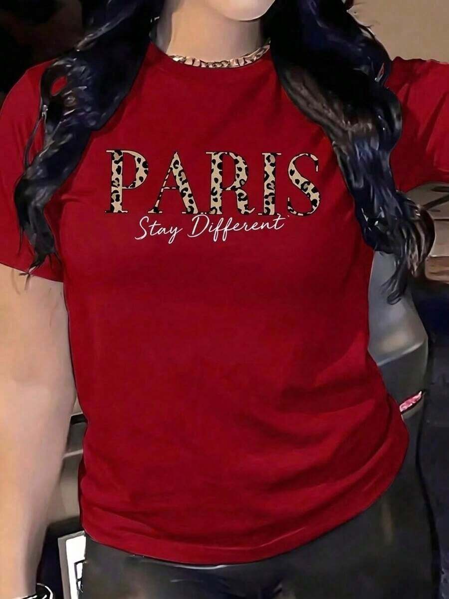 Casual Black T-Shirt With PARIS And Leopard Print, Fashionable And French Style T-Shirt, Animal Print Texture Blouse "Stay Different", Chic Parisian Oversized Tops Gift Must-Have - 紅色 - 查看 1
