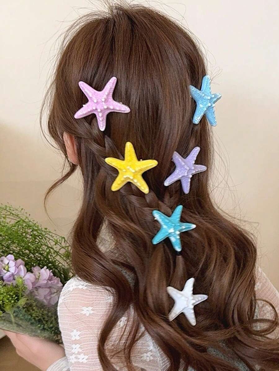 5入美人魚風美學海星髮夾，彩色馬卡龍海星鴨造型夾，多巴胺風夏季海灘度假必備，可愛樹脂海洋主題髮夾，Y2K海洋生物音樂節派對拍照髮飾，防滑造型髮片抓夾，適合學校使用