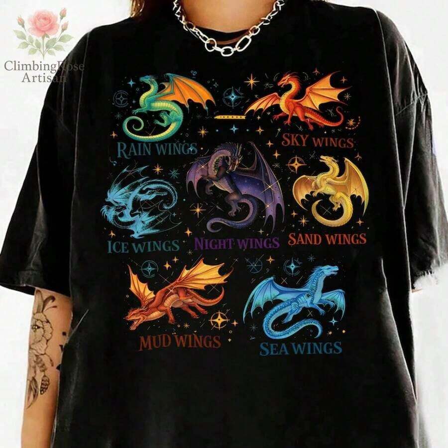 Unique Piece, Fire Dragon Wings, Fantasy Dragon Art, Literary Dragon Design, Fire Dragon Illustration, Printable Clipart, Vibrant Colors, Multiple Color Options, Women's Casual Summer T-Shirt, Vacation Style, Book-Themed T-Shirt, Fun Prints, Music Festival, Easter, Teacher's Day - 多色 2 - 查看 1