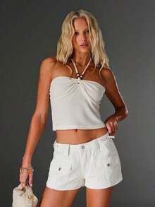 Shorts vaqueros de mujer con bolsillo con solapa y estampado de lunares, casuales para el verano - Blanco - Ver 5