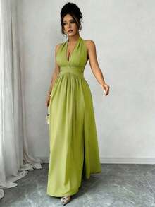 Elegante vestido sin mangas con cuello en V, diseño hueco en la cintura y pliegues, color morado, nueva llegada de primavera/verano - Verde Oliva - Ver 5