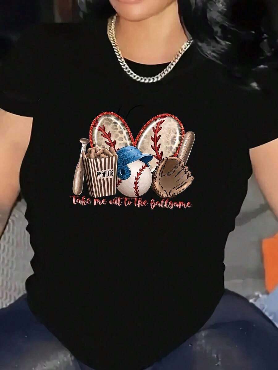 100% cotton Camiseta de Béisbol para Mujer con Estampado Gráfico - Diseño Llévame al Estadio, Cuello Redondo y Manga Corta Casual, Tejido Transpirable Lavable a Máquina, Ajuste Regular para Primavera Verano & Uso Todo el Año, Top Diario, Material Suave, Camiseta Estampada, Estilo Deportivo - Negro - Ver 1