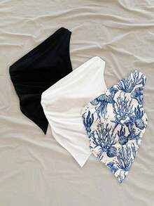 Top corto con escote asimétrico y drapeado sin mangas para mujer, estilo Y2K - Blanco y Negro - Ver 4