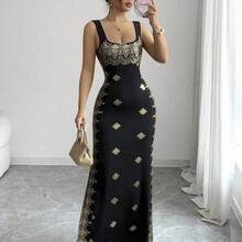 Raffinéa Women's Shiny Gold & Black Summer New Dress, Square Neck Spaghetti Strap Backless Slit Hem Fitted High Waist Dress, Suitable For Party, Wedding, Business Banquet, Daily Occasions, Gala, Wedding Party, Holiday Attire - Negro - Ver 6
