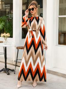 Elegant Pattern Long Sleeve Maxi Dress with Tie Waist - Comfortable Flowy Dress for Everyday Wear, Office Style, Dinner Outfits, Vacation Looks, and Special Occasions - 摩卡棕 - 查看 1